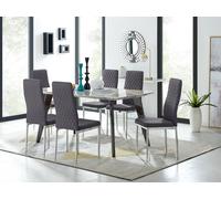 Andria Marble Effect Dining Table With Black Legs & 6 Milan Velvet Chrome Leg Chairs FurnitureboxUK Grey One Size