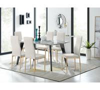 Andria Marble Effect Dining Table With Black Legs & 6 Milan Velvet Gold Leg Chairs FurnitureboxUK Cream One Size