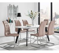 Andria Marble Effect Dining Table With Black Legs & 6 Murano Faux Leather Chairs FurnitureboxUK Beige One Size
