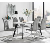 Andria Marble Effect Dining Table With Black Legs & 6 Murano Faux Leather Chairs FurnitureboxUK Grey One Size
