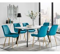 Andria Marble Effect Dining Table With Black Legs & 6 Pesaro Velvet Gold Leg Chairs FurnitureboxUK Blue One Size