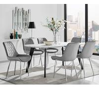 Andria Marble Effect Dining Table With Black Legs & 6 Pesaro Velvet Silver Leg Chairs FurnitureboxUK Grey One Size