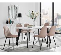 Andria White Marble Effect & Black Leg 6 Seater Dining Table and 6 Corona Faux Leather Chairs FurnitureboxUK Beige One Size