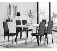 Andria White Marble Effect & Black Leg 6 Seater Dining Table and 6 Milan Faux Leather Chairs FurnitureboxUK Black One Size