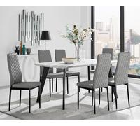 Andria White Marble Effect & Black Leg 6 Seater Dining Table and 6 Milan Faux Leather Chairs FurnitureboxUK Grey One Size