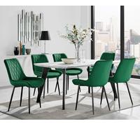 Andria White Marble Effect & Black Leg 6 Seater Dining Table and 6 Pesaro Soft Velvet Chairs FurnitureboxUK Green One Size