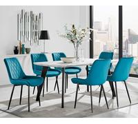 Andria White Marble Effect & Black Leg 6 Seater Dining Table and 6 Pesaro Soft Velvet Chairs FurnitureboxUK Blue One Size