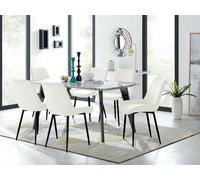 Andria White Marble Effect & Black Leg 6 Seater Dining Table and 6 Pesaro Soft Velvet Chairs FurnitureboxUK Cream One Size