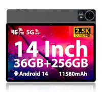 Android 14 Tablet, 14 Inch 2.5K Display, 36GB+256GB/TF 1TB, Octa-Core, 11580mAh, Quad-speaker, Slim Metal Large Tablet with Dual SIM 4G LTE/5G WiFi/BT5.0/GMS/GPS/13MP, Case/Stylus/Earphone Included