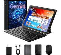 Android 15 2 in 1 10 Inch Tablet with Keyboard, Mouse and Case, 4G LTE Cell Phone, 12GB RAM + 64GB ROM (2TB Expandable), MediaTek Octa-Core 2.0GHz, Gemini AI, IPS Display, 5G Wi-Fi