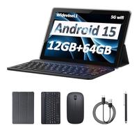 Android 15 Tablet 10 Inch, 12GB RAM+64GB ROM+1TB Expandable, 2 in 1 Tablets with keyboard/ Case/ Mouse/ Stylus, 1.8Ghz Quad-core Processor, 8MP Camera, 1280*800 IPS HD Screen Tablet, 5G WIFI 6 BT 5.0