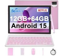 Android 15 Tablet, 10 inch 12GB RAM+64GB ROM (MAX 1TB Expansion), 1.8Ghz Quad-core Processor, 8MP Camera/6000mAh Battery, 1280x800 HD Touchscreen Tablet, 2 in 1 Tablets with Keyboard/Case/Mouse/Stylus