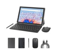 Android 15 Tablet 10 inch, 2 in1 Tablets with Keyboard Case Mouse Stylus, 10GB RAM 64GB ROM 1TB Expand, Quad-Core Processor Tablet PC, 5G WiFi6, BT5.0, 6000mAh, 1280*800 IPS Screen, Widevine L1, Black