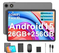 Android 15 Tablet with Keyboard - 26GB RAM + 256GB ROM, 2TB Expand, 10 inch 2-in-1 Tablets with 5G/2.4G WiFi, 8000mAh, BT5.0, 5MP+13MP, Split Screen, Widevine L1, Mouse, Case, Stylus,(Silver Case)