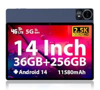 Android Tablet 14'' 2.5K Display, 36GB+256GB/TF 1TB, 20W Fast Charge 11580mAh, Quad-speaker, Octa-Core Slim Metal Large Tablet with Dual SIM 4G LTE/5G WiFi/GPS/13MP, Case/Stylus/Earphone Included