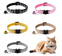 Androxeda Set of 5 Nylon Cat Collars with Paw Print, Adjustable 19-32 cm, with Bell and Safety Clasp - Multicoloured for Cats & Small Dogs
