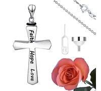 Andska Cremation Ashes Urn Pendant Necklace Sterling Silver S925 Jewellery Memorial Keepsake Remembrance Chain Included Charm Locket Love Heart Angel Wing Funeral (Cross Necklace)