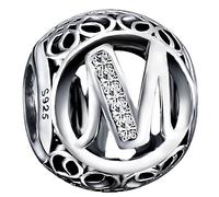 Andska Letter Charm Alphabet S925 Genuine Sterling Silver Fit Pandora Clear Cubic Zirconia Bead For European Snake Chain Bracelet Necklace Initial Letters A-Z (Letter M)