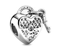 Andska Love Heart Charm Valentine's day Zircons Genuine S925 Sterling Silver Bead Fit Pandora And European Snake Chain Bracelet Devil Rose Bow Unicorn Padlock (Heart lock and key)