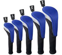 Andux 5pcs/Set Mesh Golf Wood Club Head Covers Long Neck Black/Blue