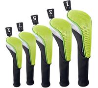 Andux 5pcs/Set Mesh Golf Wood Club Head Covers Long Neck Black/Green