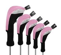 Andux 5pcs/Set Mesh Golf Wood Club Head Covers Long Neck Black/Pink