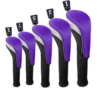 Andux 5pcs/Set Mesh Golf Wood Club Head Covers Long Neck Black/Purple