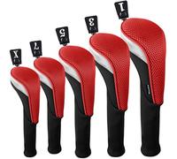 Andux 5pcs/Set Mesh Golf Wood Club Head Covers Long Neck Black/Red