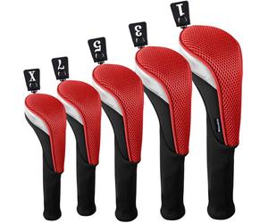 Andux 5pcs/Set Mesh Golf Wood Club Head Covers Long Neck Black/Red