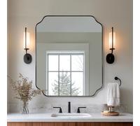 ANDY STAR 30x36 Inch Bathroom Mirror, Matte Black Vanity Mirror, Modern Scalloped Mirror in Premium Stainless Steel Metal Thin Frame, Unique Rounded Notched Corners, Hangs Vertically or Horizontally