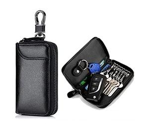 Andy's Orchids Leather Car Key Holder Bag, Car Key Case with Keychain, Keychain Protector Wallet with 6 Hooks and Keyring, Portable Zipper Closure Car Key Organizer Case for Men and Women, Black,