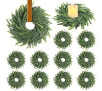 Aneco 12 Pieces Christmas Candle Ring Wreath with Ribbon Mini Wreaths Outer Diameter 6 Inch Artificial Norfolk Green Pine Wreath Garland Candlestick for Xmas Wedding Decor Home Table Centerpiece