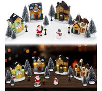 Aneco 19 Pieces Christmas Village Set Resin Christmas Houses with Santa Claus Snowman Figurines, LED Light Lamps, and Pine Trees, Xmas Town Scene Building Ornaments for Winter Home Desktop Decor Gift