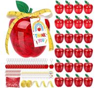 Aneco 24 Sets Teacher Appreciation Gifts Plastic Apple Container Large Apple Shaped Candy Jars Boxes with Cards Keychains Paperclips Raffia for Teachers Thank You Gift Party Decor, Red