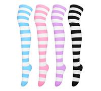 ANECO 4 Pairs Over Knee High Stripe Socks Stripe Thigh High Socks Cosplay Accessories for Woman Girls