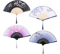 ANECO 4 Pieces Folding Fans Bamboo Handheld Fans Silk Fabric Fans Hand Holding Fans (Color D, 4)