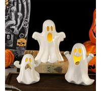 Aneco Ceramic Ghost Light Up Decor Halloween Ghost Decor 3 Ceramic Ghosts Figurines with Remote Control, 3 Tea Lights Spooky Ghosts Sculpture for Halloween Home Table Decorations