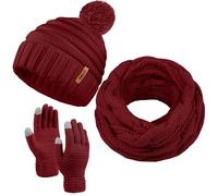 Aneco Winter Warm Knitted Scarf Beanie Hat and Gloves Set Men & Women's Soft Stretch Hat Scarf and Mitten Set, Burgundy, Medium