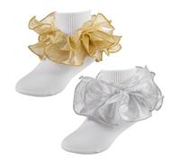 ANEETAFAN Big Ruffle Socks For Girls: Little Girl Lace Frilly Dress Socks Kids Turn Cuff Socks,White & Glod Princess ACC, Gold & White, Small