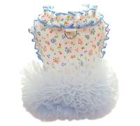 Anelekor Floral Puppy Dress with D-Ring Ruffled Small Dog Clothes Female Spring Cat Outfit Sleeveless Pet Princess Skirt Cute Dogs Tutu Dresses (Blue, X-Small)