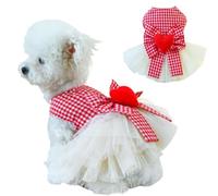 Anelekor Plaid Small Dog Dress with Leash Ring Valentines Cat Outfit Dog Tutu Princess Holiday Puppy Clothes with Bow Knot and Heart Pet Apparel for Kitten Chihuahua Yorkie (Red, Medium)