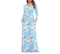 Anelune Dresses for Women Long Sleeve Loose Plain Plus Size Maxi Dresses Casual Long Floral Dresses with Pockets Flower Light Blue Large