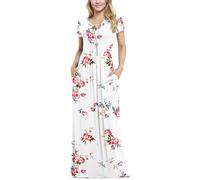 Anelune Dresses for Women's Short Sleeve Loose Plain Maxi Dresses Casual Long Dresses with Pockets(Floral White-XL)