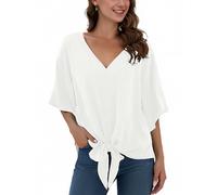 Anelune Ladies'Chiffon Blouses with V-Neck and Front tie Batwing Sleeves Short Sleeves Summer Tops and Shirts White