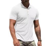 Anelune Men's Polo Shirts Short Sleeve Casual T- Shirts Slim Fit Stretch Ribbed Golf Tops Button Down Fit Polo Shirts White M