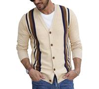 Anelune Men's Vintage Button Cardigan Sweater, Long Sleeve V Neck, Lightweight Warm Knitted Pullover for Autumn Winter Stripe Beige Brown XL