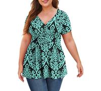 Anelune Plus Size Floral Printed Tops For Women Short Sleeve Tunic Pleated Flowy Blouse Casual V Neck Shirt with Leggings 2XL F Black Green