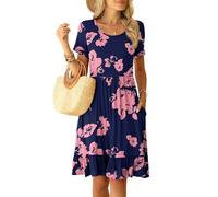 Anelune Round Neck Knee Length Dress for Women with Pockets Casual Summer Short Sleeve Pleated Ruffle Hem Short Dress Navy Blue Rose L