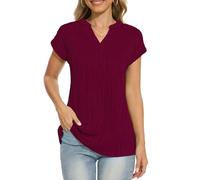 Anelune Womens Short Sleeve Dressy Tops V-Neck Textured Cute Summer Tops 2025 Basic T-Shirts Work Blouses Wine Red M
