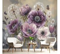 Anemones and Tulips Wallpaper,Purple Silk Wallpaper 350×256 Cm Durable Easy to Clean, Easy to Install Countryside Flowers Suitable for Bedroom, Living Room, Kitchen, Bathroom Decoration
